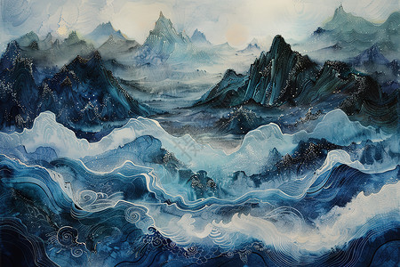 蓝色海洋海浪蓝色海浪下的山脉插画