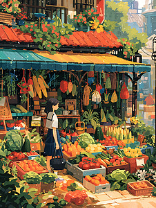 蔬菜水果插画农贸市场上的蔬菜水果插画