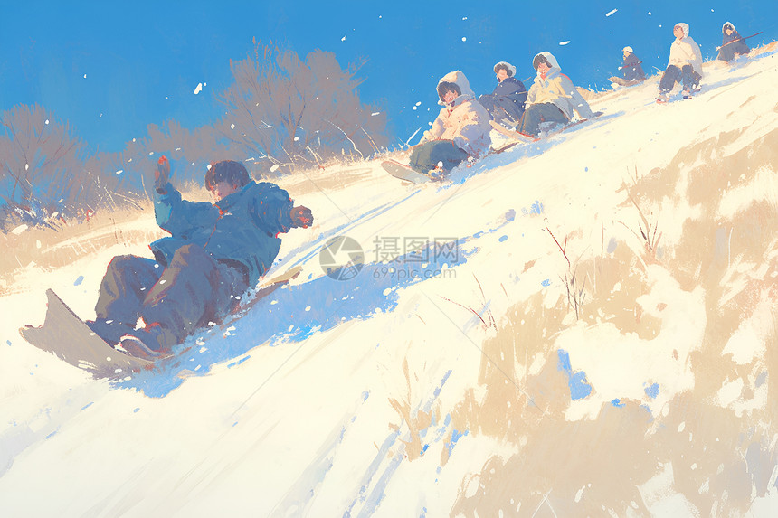 孩子们在草地上滑雪图片