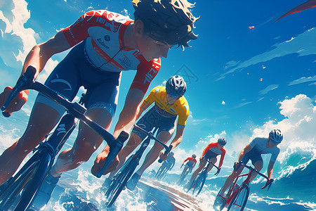 自行车车队海浪里骑行的车队插画
