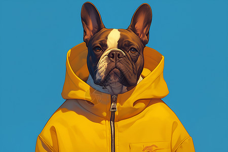 法国斗牛犬穿着黄色卫衣高清图片