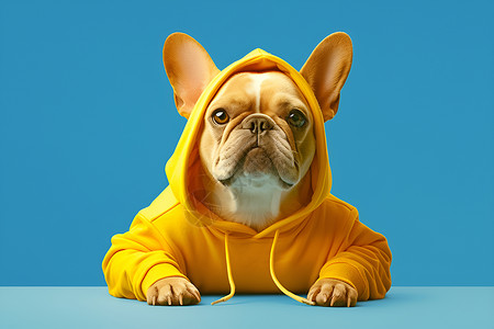 法国艺术法国斗牛犬穿着黄色连帽衫背景为蓝色呼应了和的艺术影响注重细节插画