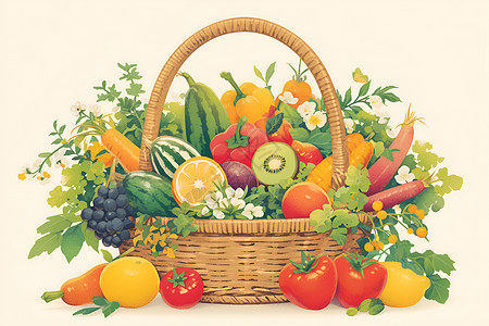 水果果蔬色彩丰富的果蔬篮子插画