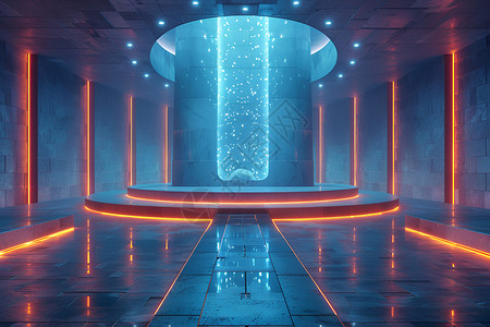 未来隧道圆形舞台上的霓虹灯设计图片