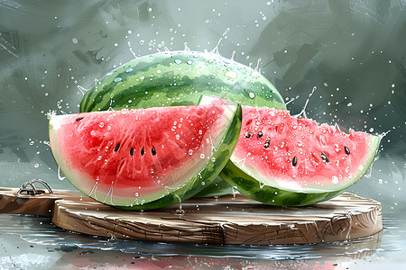 木板水果清凉夏日的西瓜插画