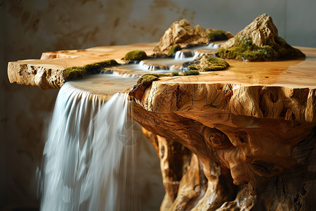 流水从一侧倾泻的桌子木雕高清图片