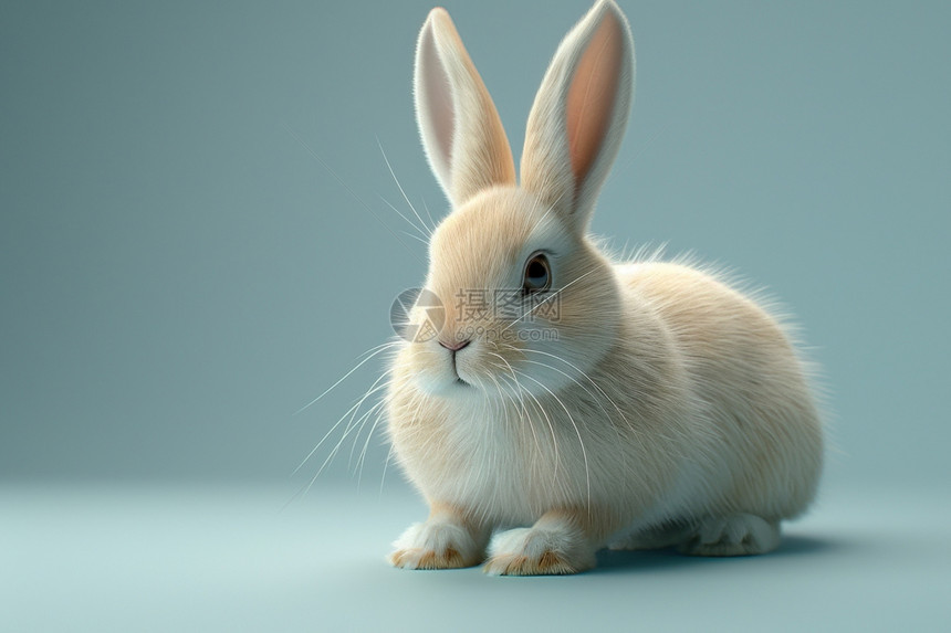 白兔坐在蓝色背景上图片