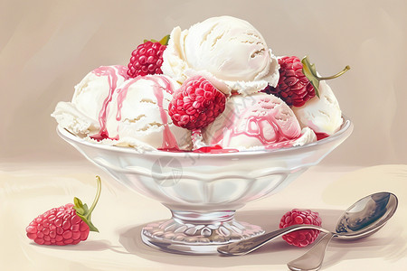 红地毯莓果冰淇淋碗上放着覆盆插画