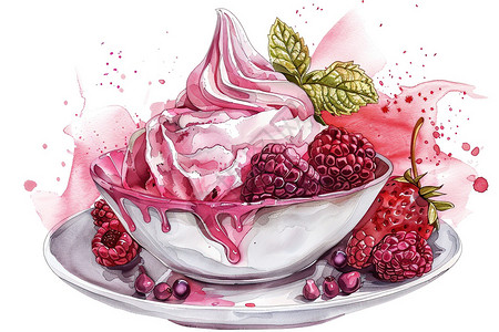 百香果果酱冰淇淋上有覆盆子插画