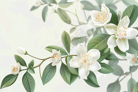 白色与素材纯白花朵与绿叶插画