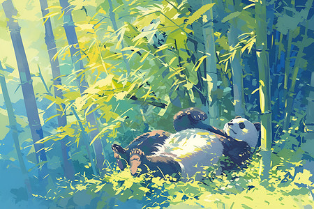 森林环境熊猫在竹林中躺着插画