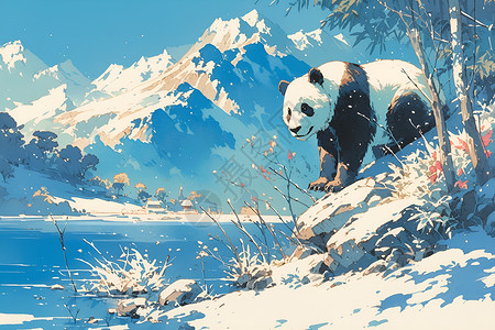 可爱熊猫母子雪山背景下的熊猫插画