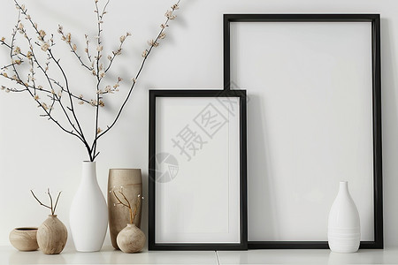 白色画框花瓶与照片框背景