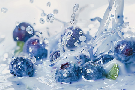 薄荷冰块蓝莓落入牛奶背景