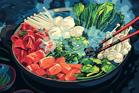 配菜火锅里的蔬菜和肉插画