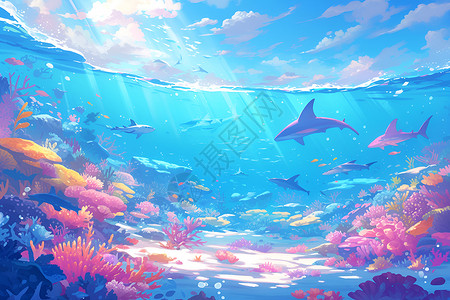 水质清澈绚丽的海底世界插画