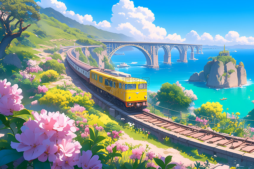 绚丽花境中的火车图片