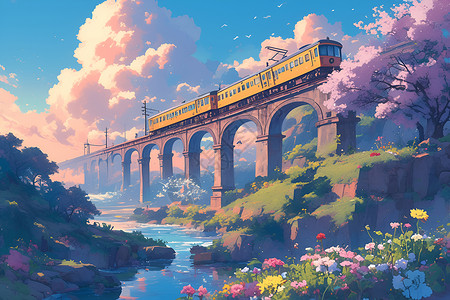 樱花盛开中的火车图片素材