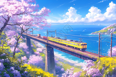 自然风景插画和火车图片素材