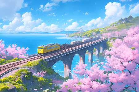 樱花桥上彩色列车图片素材