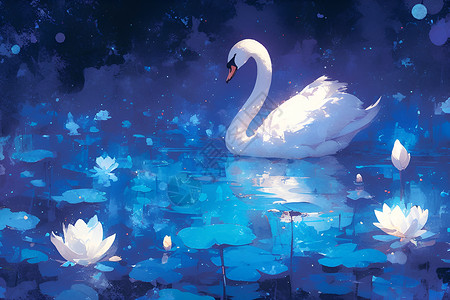 油画天鹅月夜静湖中的天鹅插画