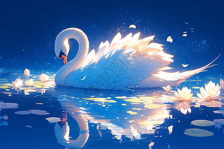 油画天鹅湖面的天鹅插画
