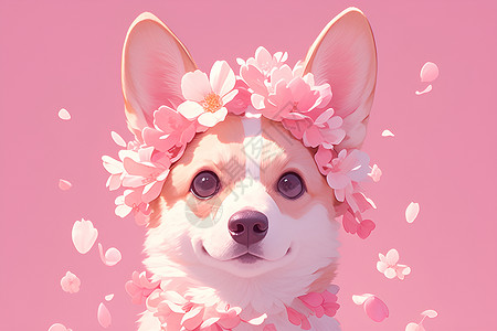 樱花之路戴着花冠的小狗插画