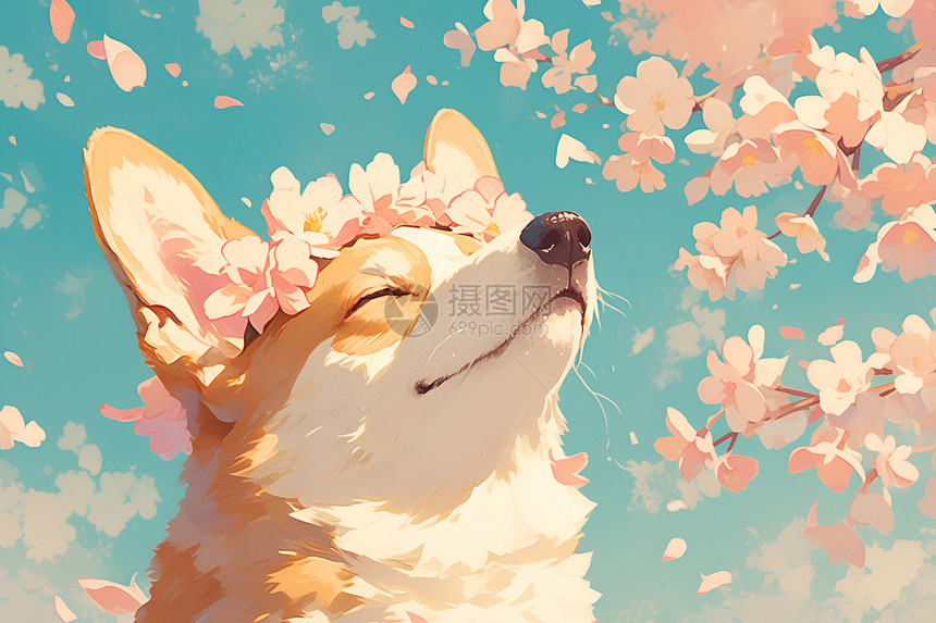 樱花树下的可爱小狗图片
