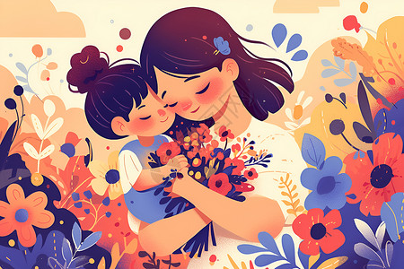 抱花瓶小女孩母亲抱着女儿和鲜花插画