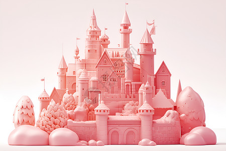 粉色粘土城堡在纯白的背景下高清图片