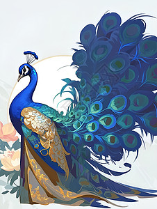 中国风牡丹插画设计的孔雀和牡丹花背景