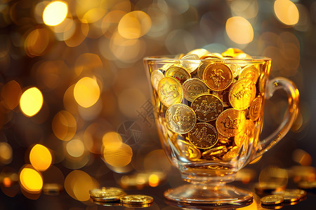金币填满桌子上的玻璃杯高清图片