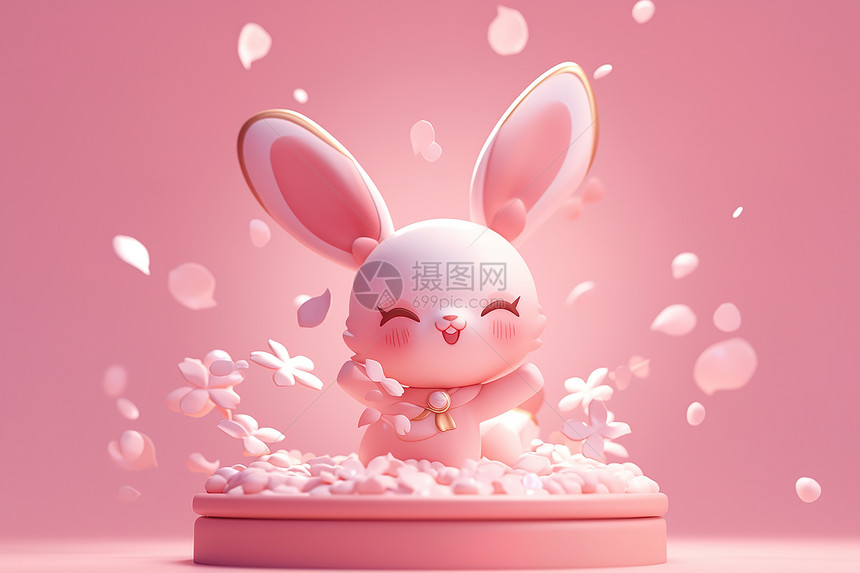 粉色兔子与花相伴图片