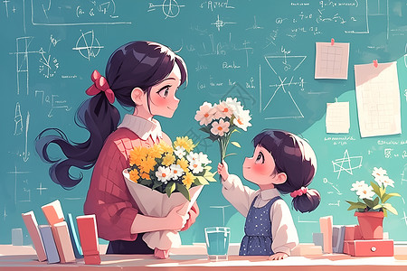 送老师教室内送鲜花的女孩插画