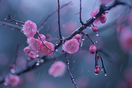 丝丝细雨雨滴在粉红花朵背景