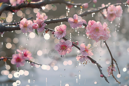 粉色花绿叶雨滴悬挂在雨中粉色花朵上背景