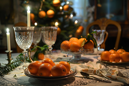 橘柑圣诞树下放有橘子和蜡烛的桌子背景