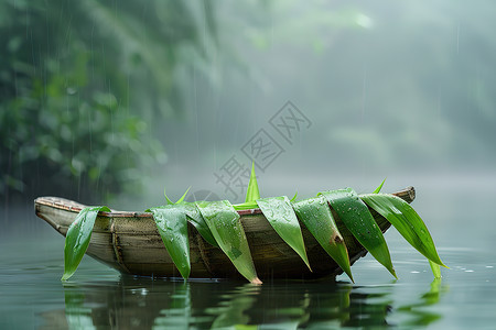 木筏水面上的绿色粽叶插画