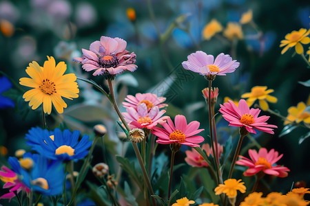 花朵和喜鹊花海中的一束粉红色黄色和蓝色的花背景