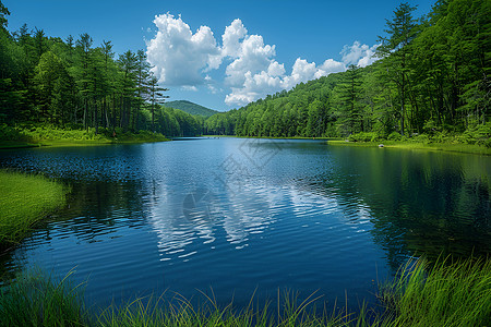 岸边留影夏日清幽湖泊背景