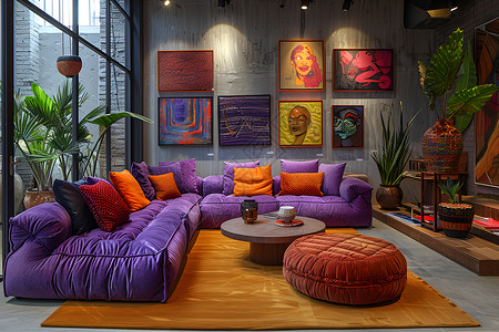 艳丽客厅里的紫色沙发高清图片