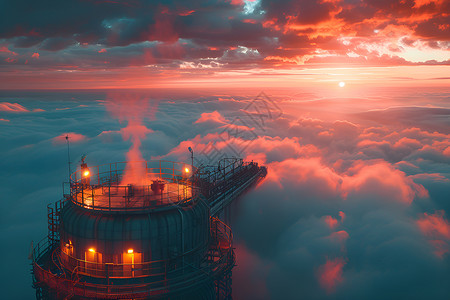 发电机云海中的工厂建筑插画