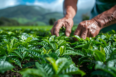 茶叶杀青采茶工人在采摘彩页背景