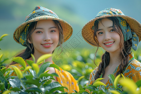 植物背景美丽茶园的美丽女人背景