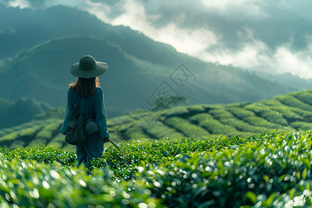 茶园采摘茶叶的女人背景图片