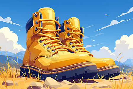 黄色鞋子石头地里的黄色靴子插画