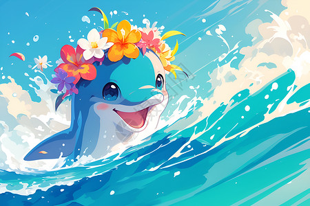 玩球的海豚海浪里的花冠海豚插画