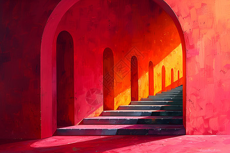 墙上的窗户红墙上的楼梯插画