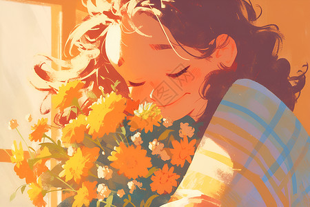 抱着花卉的女孩女孩抱着花束插画