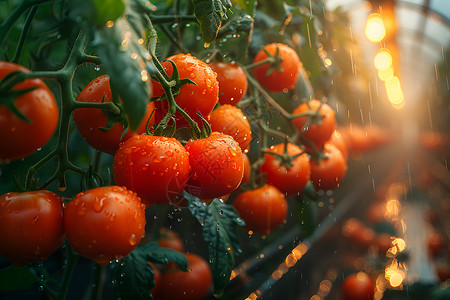 温室番茄上的水滴高清图片